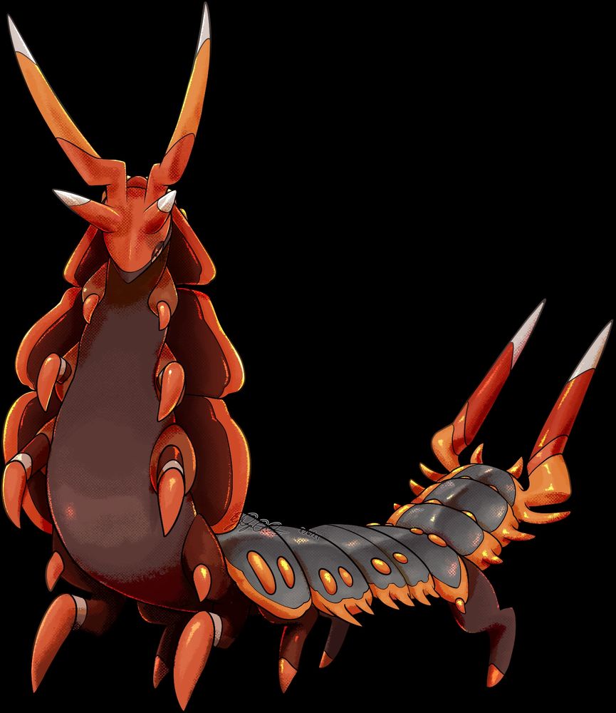 A long flat bug fakemon with a tough plated shell covering its back and big horns, based on scolipede and the trilobite beetle