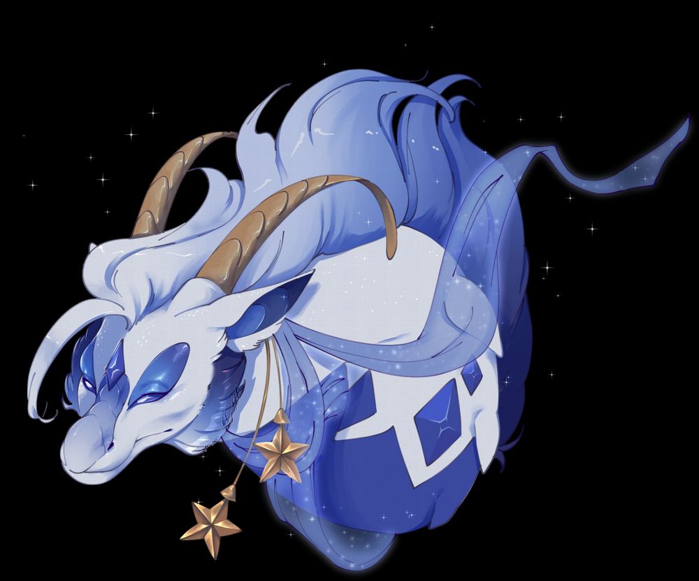 A bust illustration of a white dragon with blue accents, silks and gold stars decorate them.