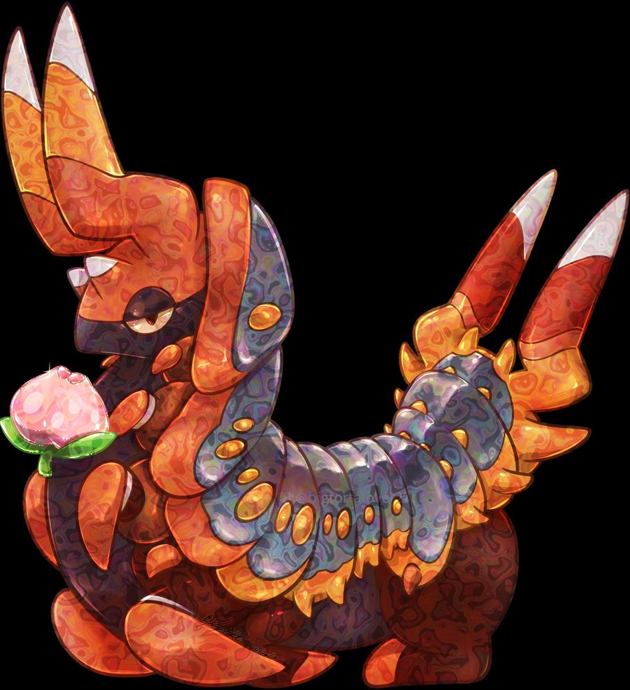 A fakemon paradox scolipede loafs with a pecha berry lightly nibbled