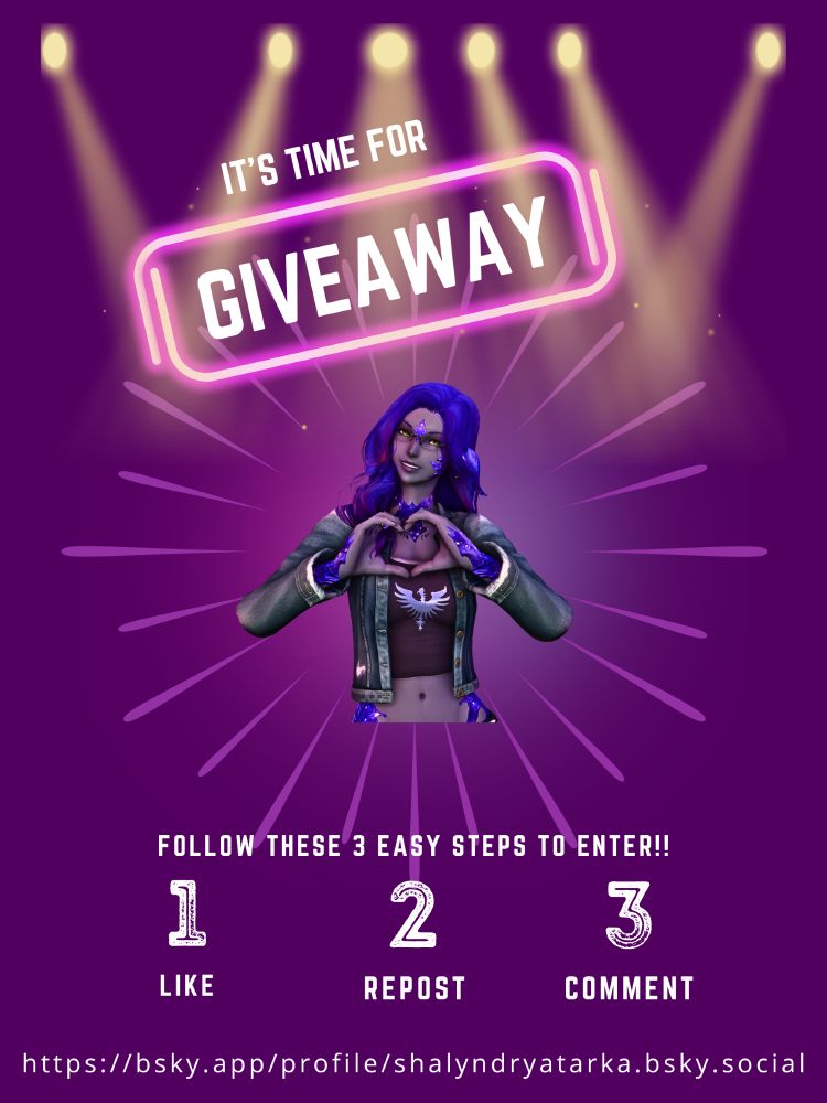 Giveaway poster with a purple background and spotlights at the top. A purple haired and purple scaled au ra female is making heart hands in the center. Below that is the steps to enter the giveaway. Like the post, repost the post, and comment on the post to be entered. At the bottom is the link to the poster's Bluesky profile.