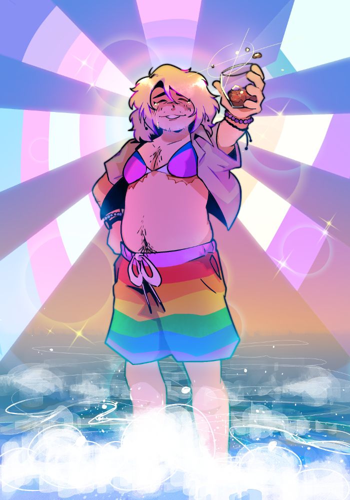 Art from 2024 of me ankle deep in an ocean, raising a glass, with an evening sun shining behind me, showing my colors (Transgender, Nonbinary, Demiromantic, Bi, and Aspec; I interchangeably use Demirose now). I am hypothetically transitioned and happy.
