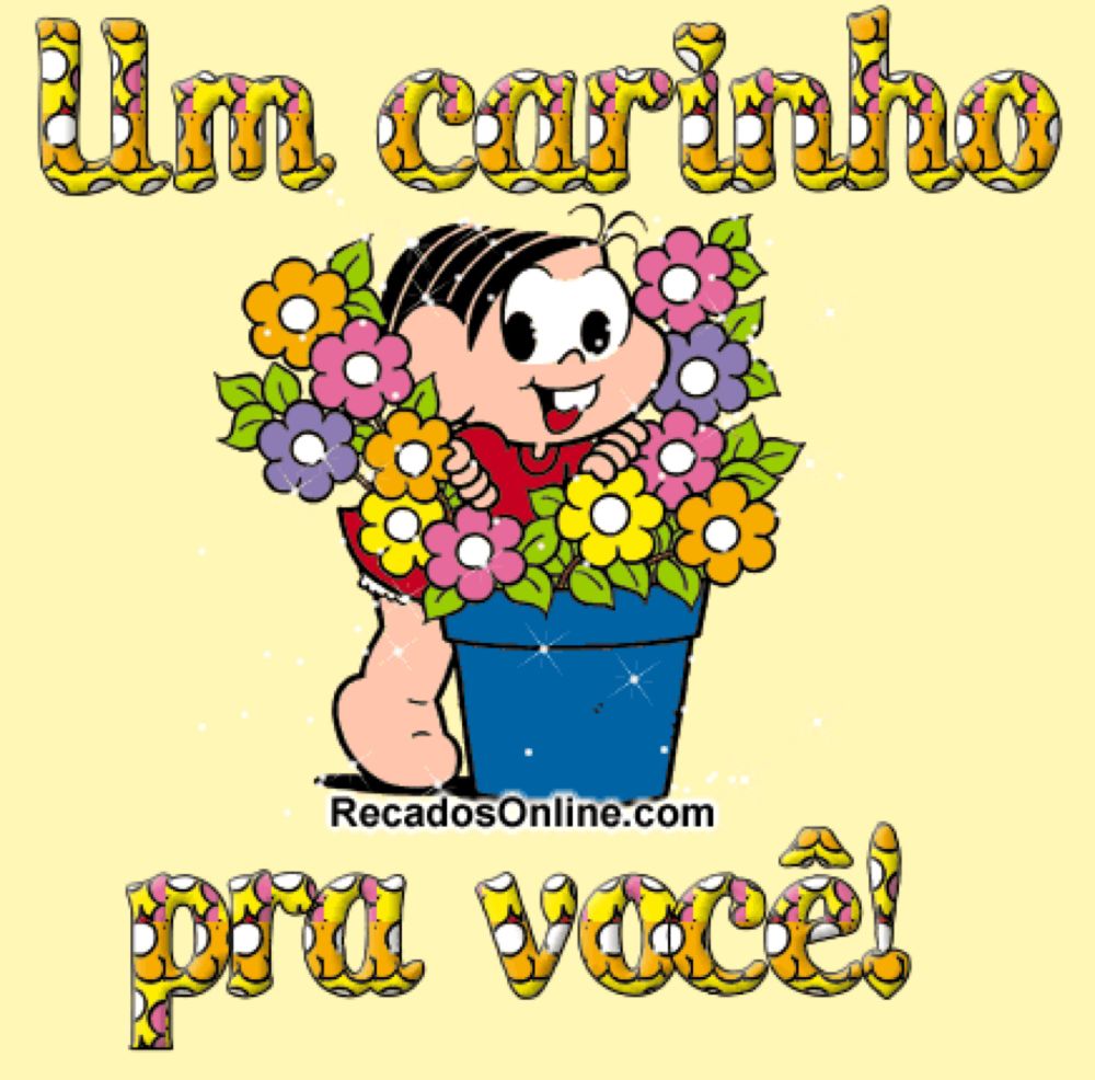 a cartoon of a girl holding a pot of flowers says um carinho pra você