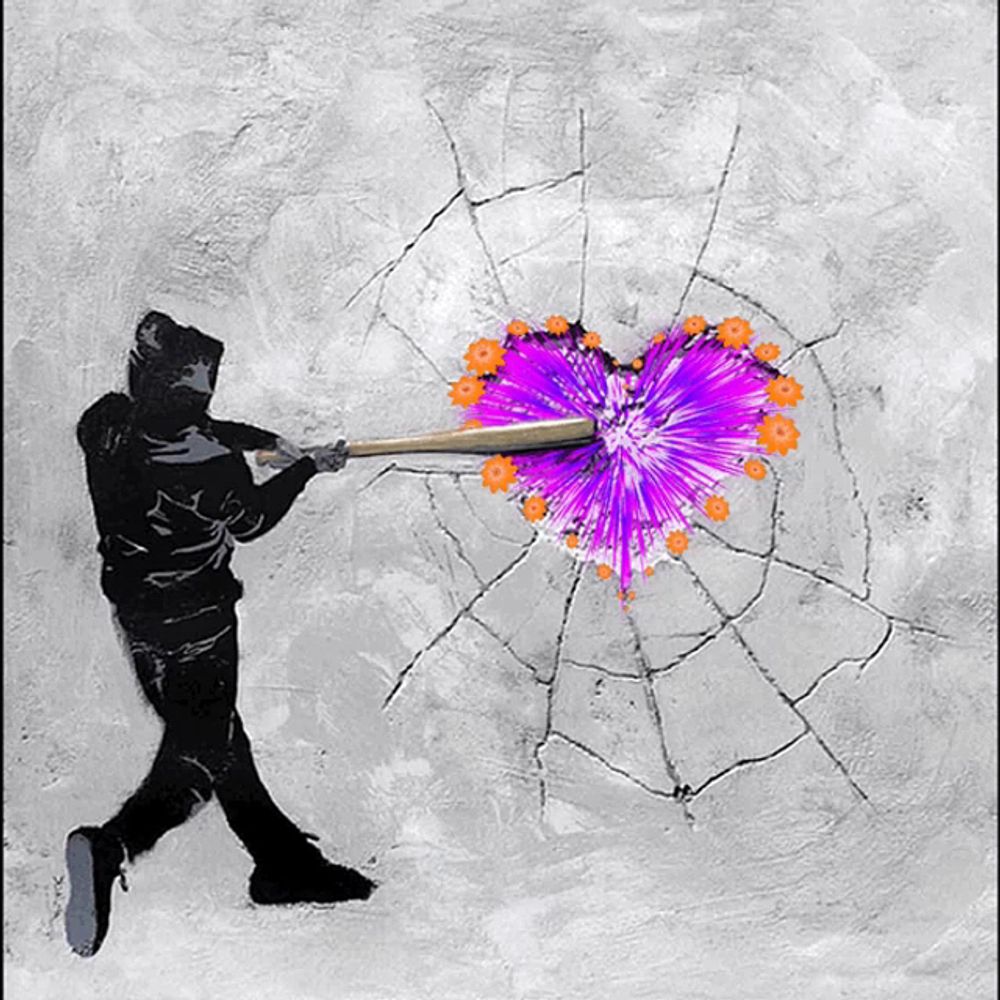 a painting of a man hitting a purple heart with a baseball bat