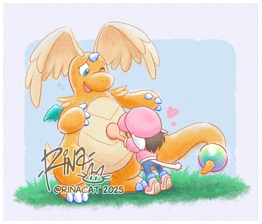 A drawing of chibi Rina in pink hat hugging big Mega Dragonite.