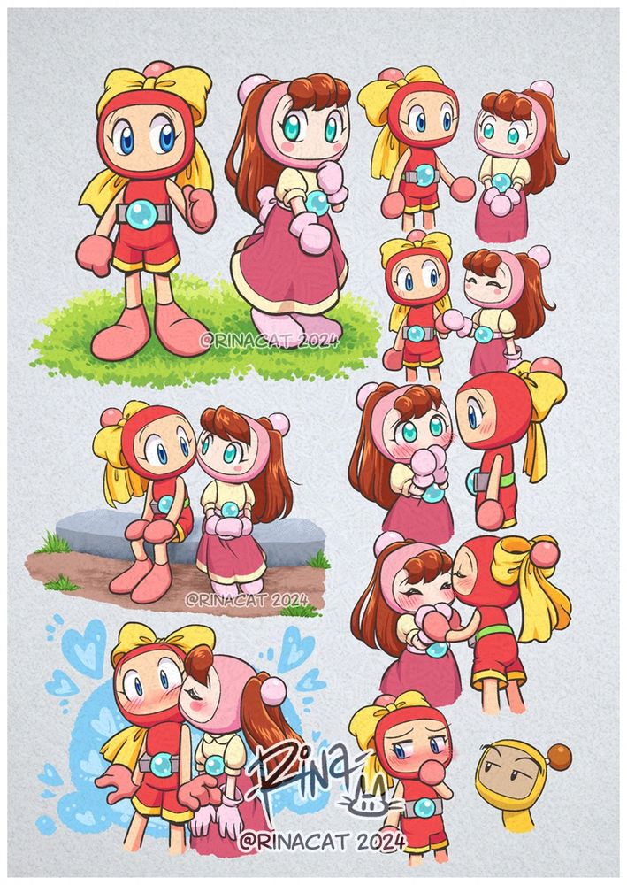 Compiled doodles of Akabon and Pinkbon, characters from Bakugaiden being lovey-dovey.