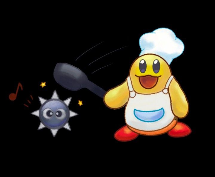 Chef Kawasaki hitting a Gordo with a frying pan. The Gordo emits a noise in response.