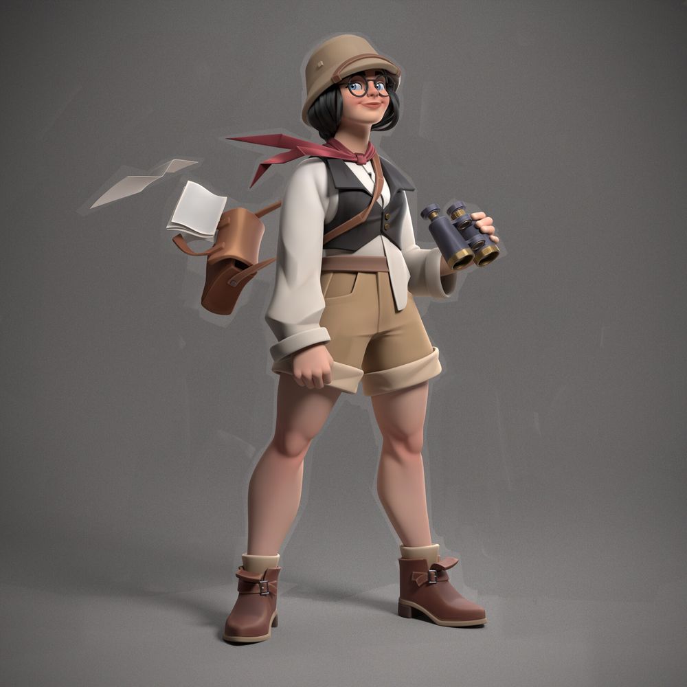 A stylised 3D render of a girl dressed in an explorer-looking outfit