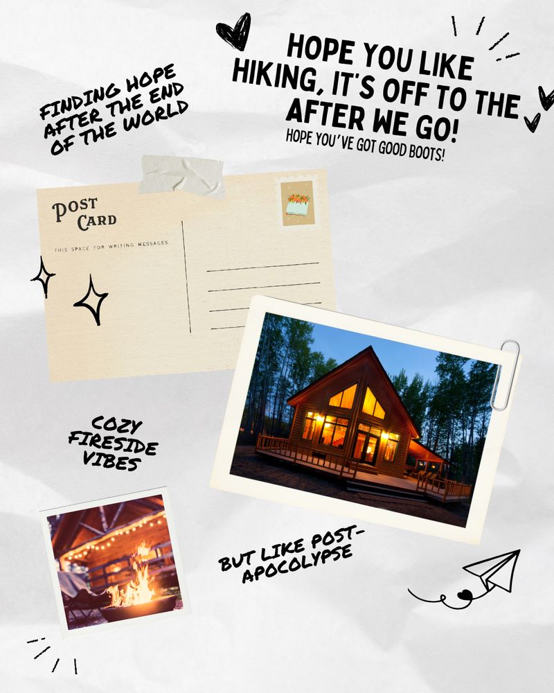 Postcard graphic featuring: 
- "hope you like hiking, it's off to the after we go!"
- "hope you're got good boots!"
- "finding hope after the end of the world"
- Cabin in the woods postcard
- "cozy fireside vibes" 
- Fireplace polaroid
- "but like post-apocolypse" 