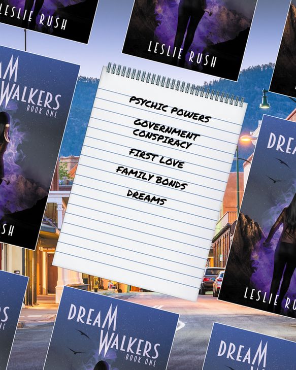 Cover for Dreamwalkers by Leslie Rush surrounding a trope list that reads "psychic powers", "government conspiracy", "first love", "family bonds" and "dreams"