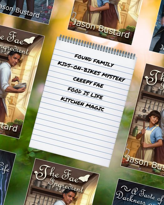 Cover art for The Fae ingredient and A Taste of Darkness and Life by Jason Bustard surrounding a trope list that reads "found family", "kids-on-bikes mystery", "creepy fae", "food is life", and "kitchen magic"