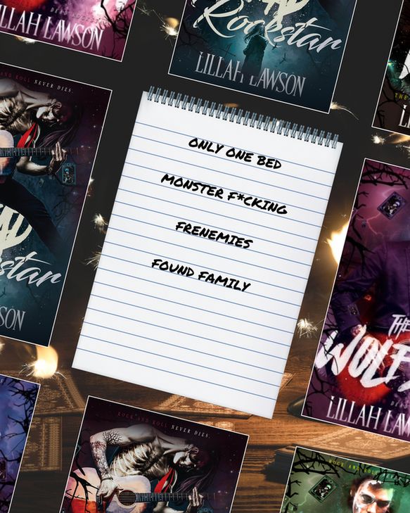 cover art for Dead Rockstar, The Wolfden, and Driftwood Dreary by Lillah Lawson surrounding a trope list that reads "only one bed", "monster f*cking", "frenemies", and "found family"