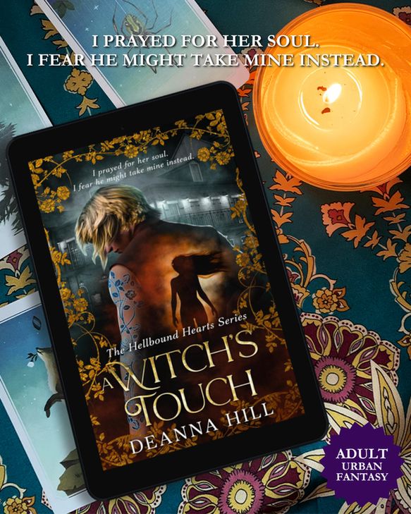 "I prayed for her soul. I fear he might take mine instead" on a mockup of A Witch's Heart with a adult urban fantasy sticker in the corner