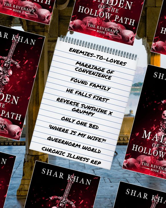 Maiden of the Hollow Path cover art surrounding a trope list that reads "Enemies to lovers", "marriage of convenience", "found family", "he falls first", "reverse sunshine x grumpy", "only one bed", "where is my wife?", "queernorm world", "chronic illness rep"