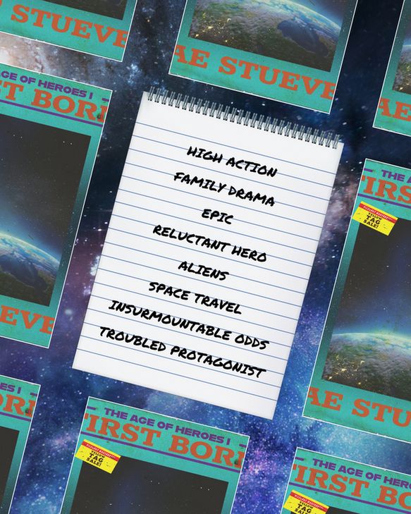 cover of First Born surrounding a trope list that reads "high action", "family drama", "epic", "reluctant hero", "aliens", "space travel", "insurmountable odds", "troubled protagonist"