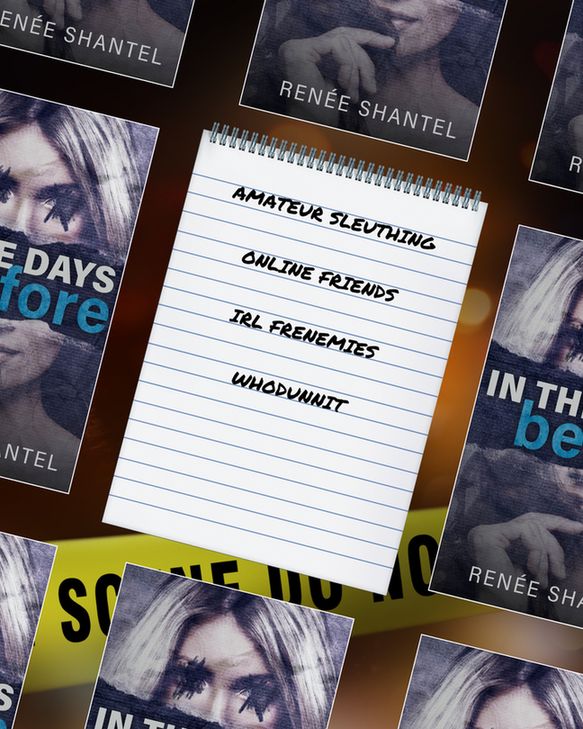 In The Days Before cover art surrounding a trope list that reads "Amatuer sleuthing", "Online friends", "IRL frenemies", "whodunnit"