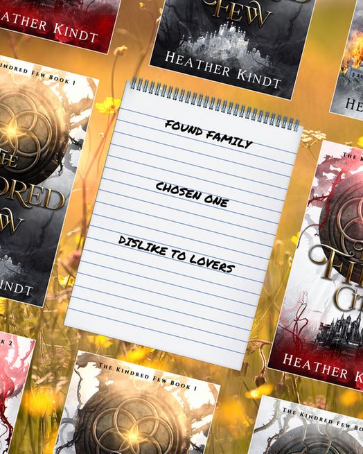Cover art of The Kindred Few, First City, and Avren by Heather Kindt surrounding a trope list that reads "found family", "chosen one", "dislike to lovers"