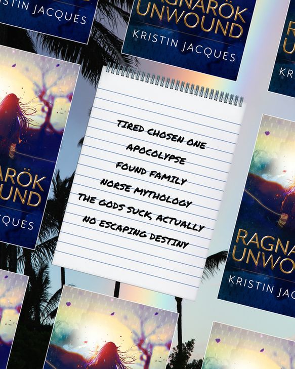 Cover for Ragnarok Unwound surrounding a trope list that reads "tired chosen one", "Apocolypse", "found family", "Norse mythology", "the gods suck, actually", "no escaping destiny"