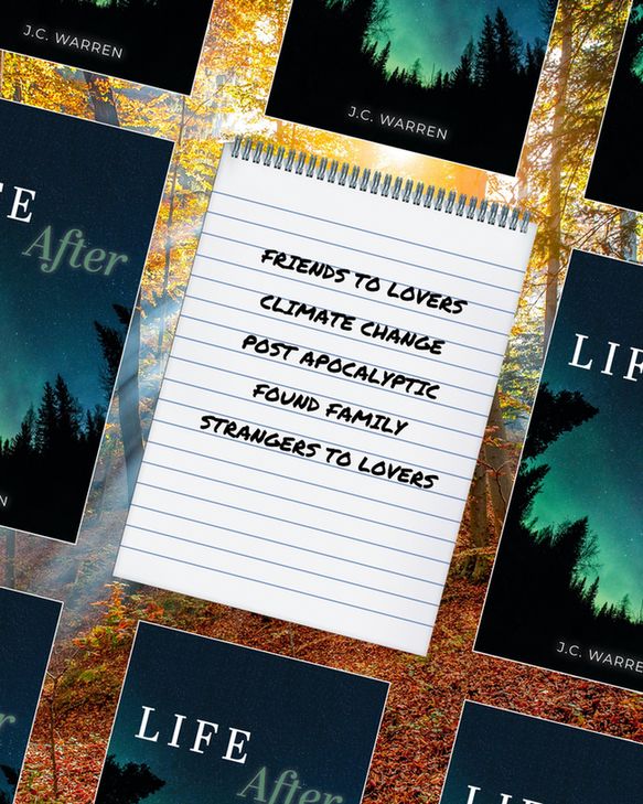 Life After cover surrounding trop list that says "friends to lovers", "climate change", "post apocalyptic", "found family", "strangers to lovers"