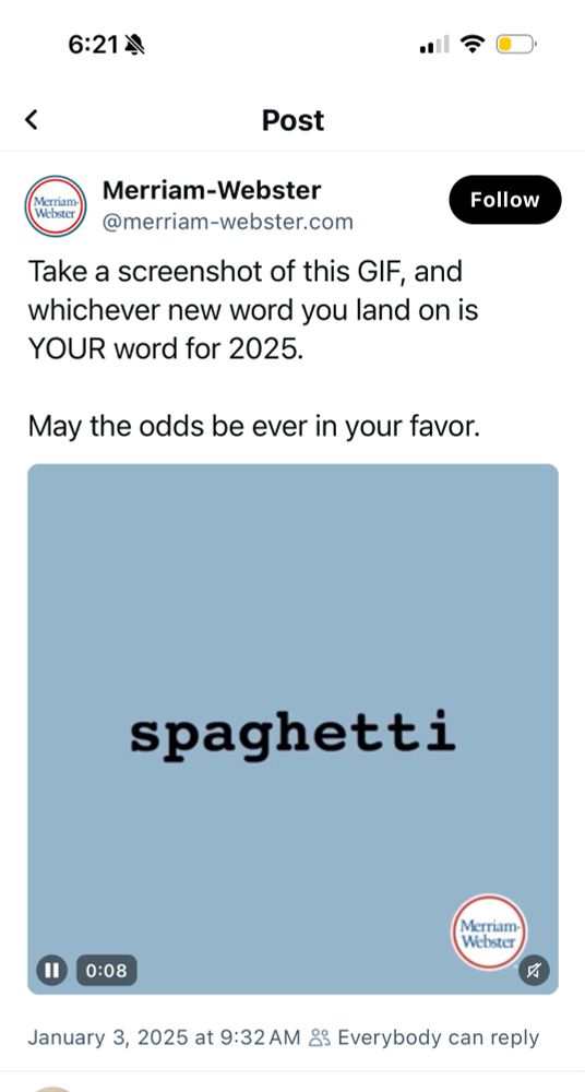 Screenshot of the word “spaghetti” in Webster’s word-of-the-year gif, taken at 6:21