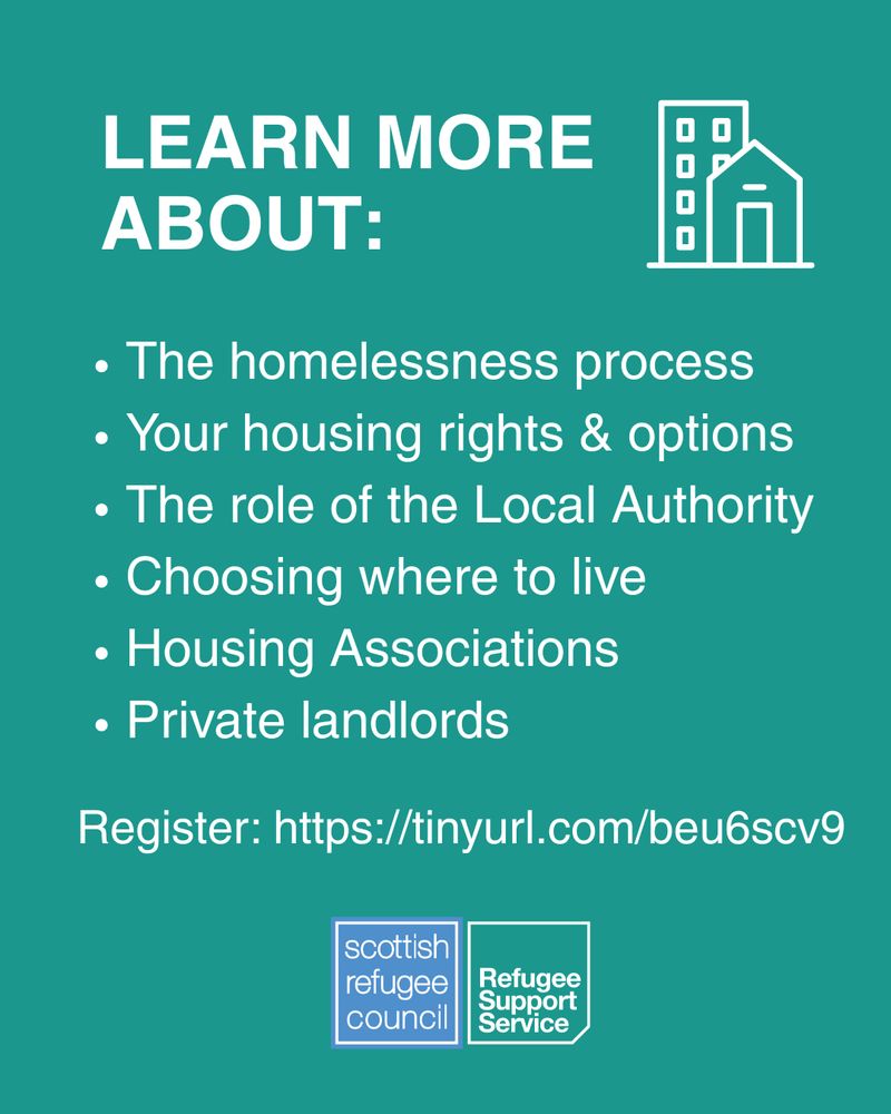 Block green background with white writing that reads: 

Learn more about:
The homelessness process
Your housing rights & options
The role of the Local Authority
Choosing where to live
Housing Associations
Private landlords

Register: https://tinyurl.com/beu6scv9