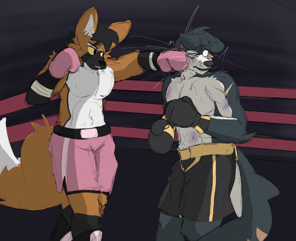 [Kip landing a left hook against Komeshi's shark-dog collie 💪]

My first real attempt at drawing a full boxing scene, learned alot in just one drawing! Can't wait to draw more >:)