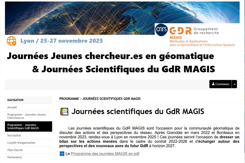 Page de garde du site Web des Journées Jeunes chercheur.es en géomatique & Journées scientifiques du GdR MAGIS