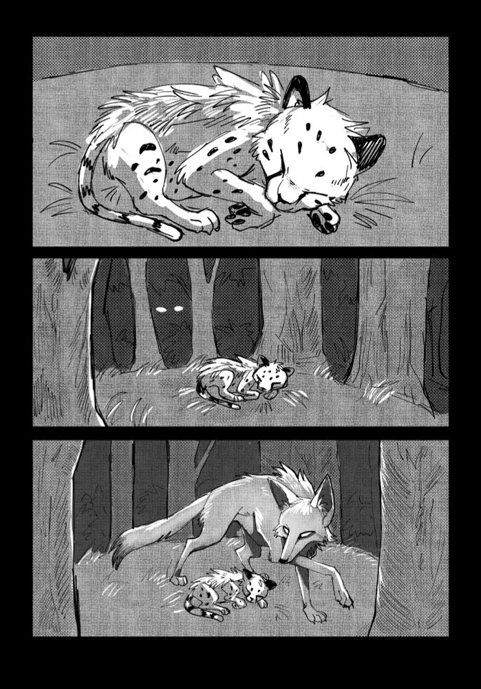 A cheetah cub lays in the middle of the dark forest, alone.

A pair of shining eyes is revealed to be a coyote approaching the baby cheetah.