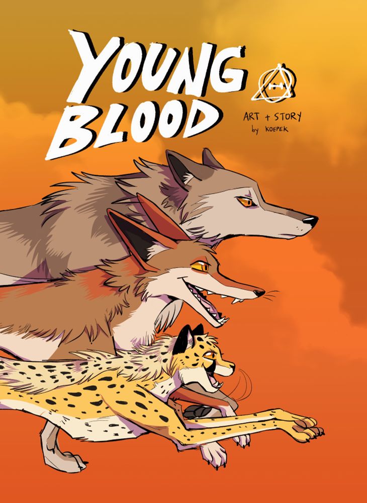 Comic cover. A wolf, coyote and cheetah are running in the same direction against a sunset bg.