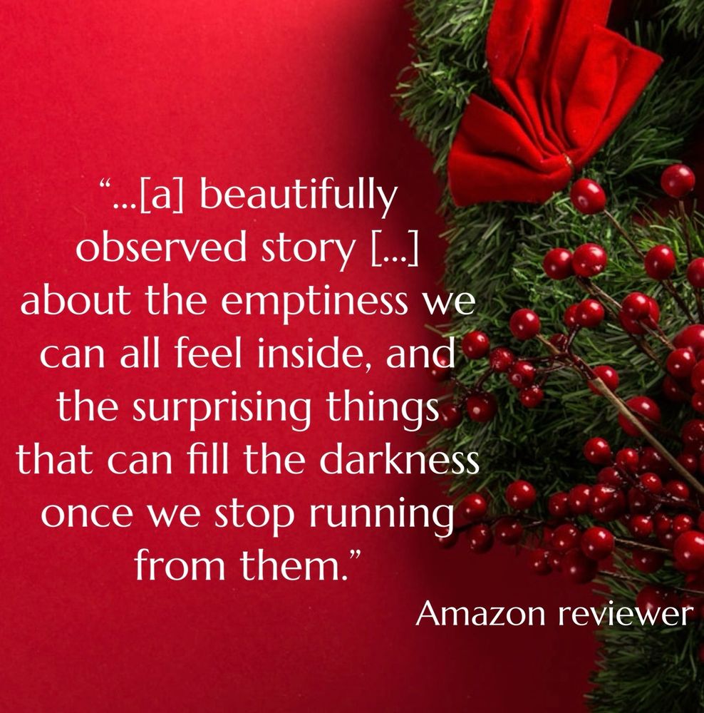 Christmassy background of holly with the following text: a beautifully observed story about the emptiness we can all feel inside, and the surprising things that can fill the darkness once we stop running from them - from an Amazon reviewer.