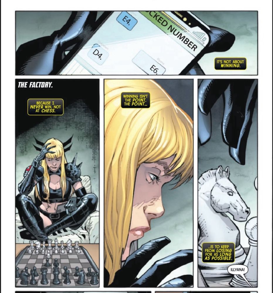A comic page from next week’s X-Men. Illyana has a chess board in front of her. She’s playing remotely through text messaging her opponent.