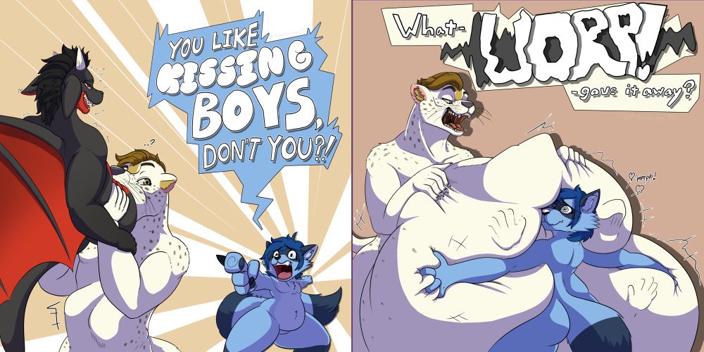 An anthropomorphic stoat is swallowing a dragon whole. A raccoon, HuckleberryBleu, bursts onto the scene to accuse the stoat of being a boy kisser by shouting, “You like kissing boys, don’t you?!”
After consuming the black and red dragon alive, the mustelid turns around and smothers the raccoon with his gut while belching and saying, “What gave it away?”

Artist is PillowTummy