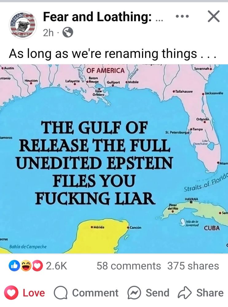 Post from Facebook about renaming the Gulf of Mexico. 