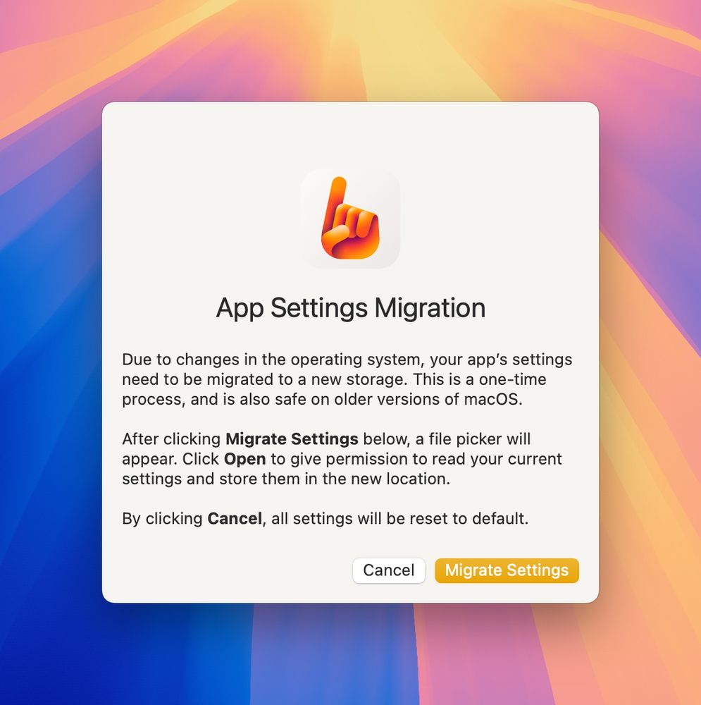 A dialog explaining why and how settings need to be migrated to a new location.