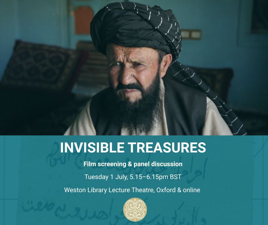 Image is a still from a film, of man in Ghur province in Afghanistan. He is seated with cushions visible in the background. The main is wearing a black and white patterned turban, with beige and black clothing. He has a black beard and is looking intently at the camera. Below is an image of a document which he helped to discover and overlaid is a teal block containing information about an event.