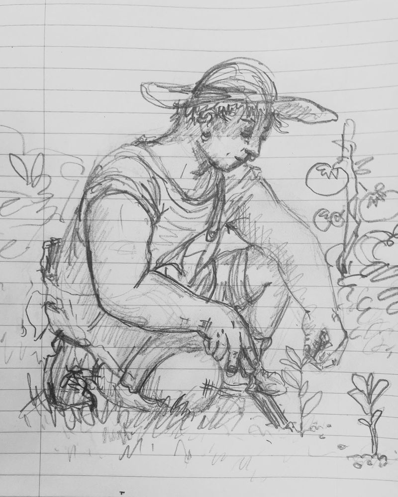 Sketch of a butch gardening, digging into the dirt and touching one of her plants. 
