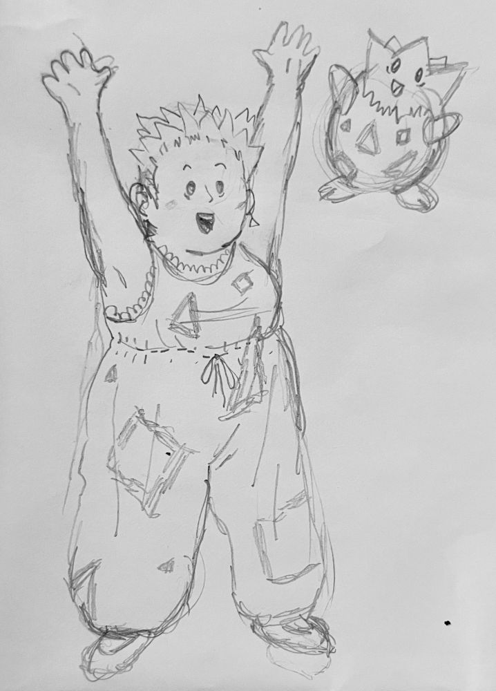 a togepi is sketched in the top-right corner, next to a full body sketch of a short wide person wearing a jumpsuit with geometric shapes on it, similar to togepi’s shell pattern. The person is smiling and has short spiked hair. 
