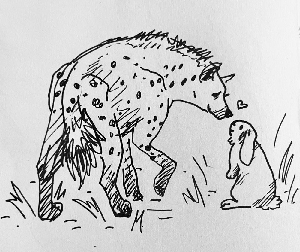 A sketch of a hyena and a little bunny, about to cutely touch noses. 