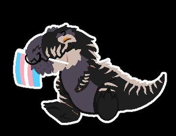 A chibi tyrannosaurus rex with a transgender pride flag in its mouth