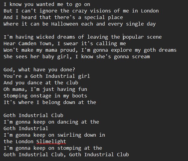 Gothic Industrial themed lyrics inspired by Chappell Roan's "Pink Pony Club".