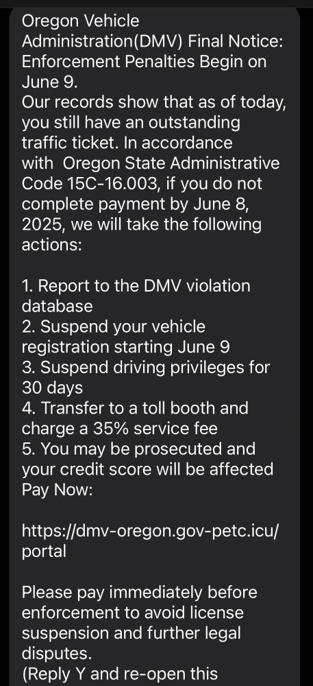 Spear phishing text allegedly from a state DMV warning about unpaid parking tickets leading to a loss of drivers license status.