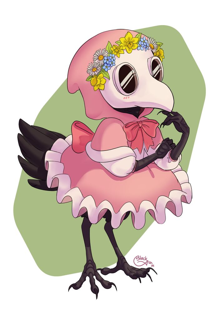 A kenku wearing a plague doctor mask, frilly pink dress with bows and a flower crown stands contemplatively