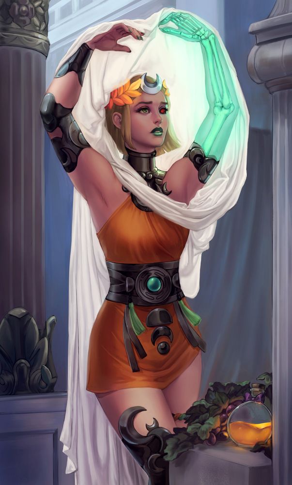 Artwork in the style of Frederic Leighton's piece "Invocation" but featuring Melinoë from Hades 2 as the central figure. She wears an orange tunic with some metal armor pieces and a firey laurel wreath crown adorned with a crescent moon. Her left arm is green and transparent, you can see the bones inside of it. She has a white piece of cloth draping around her that she lifts to frame her head almost like a hood.