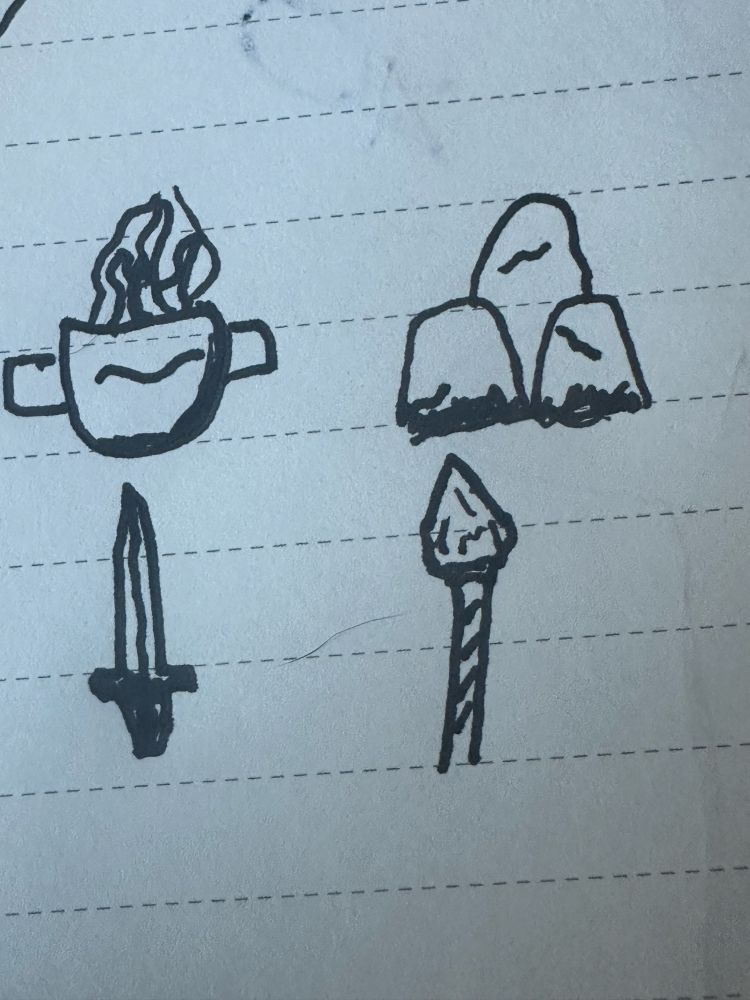 An ink pen drawing of the four Celtic treasures