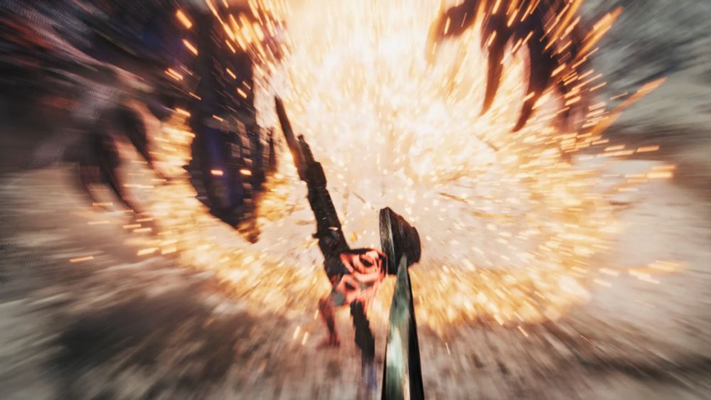 The end-of-hunt screenshot from Monster Hunter Wilds, showing a massive explosion triggered by a gunlance's Wyvern Fire move igniting two barrel bombs, instantly putting an end to a Gore Magala.
