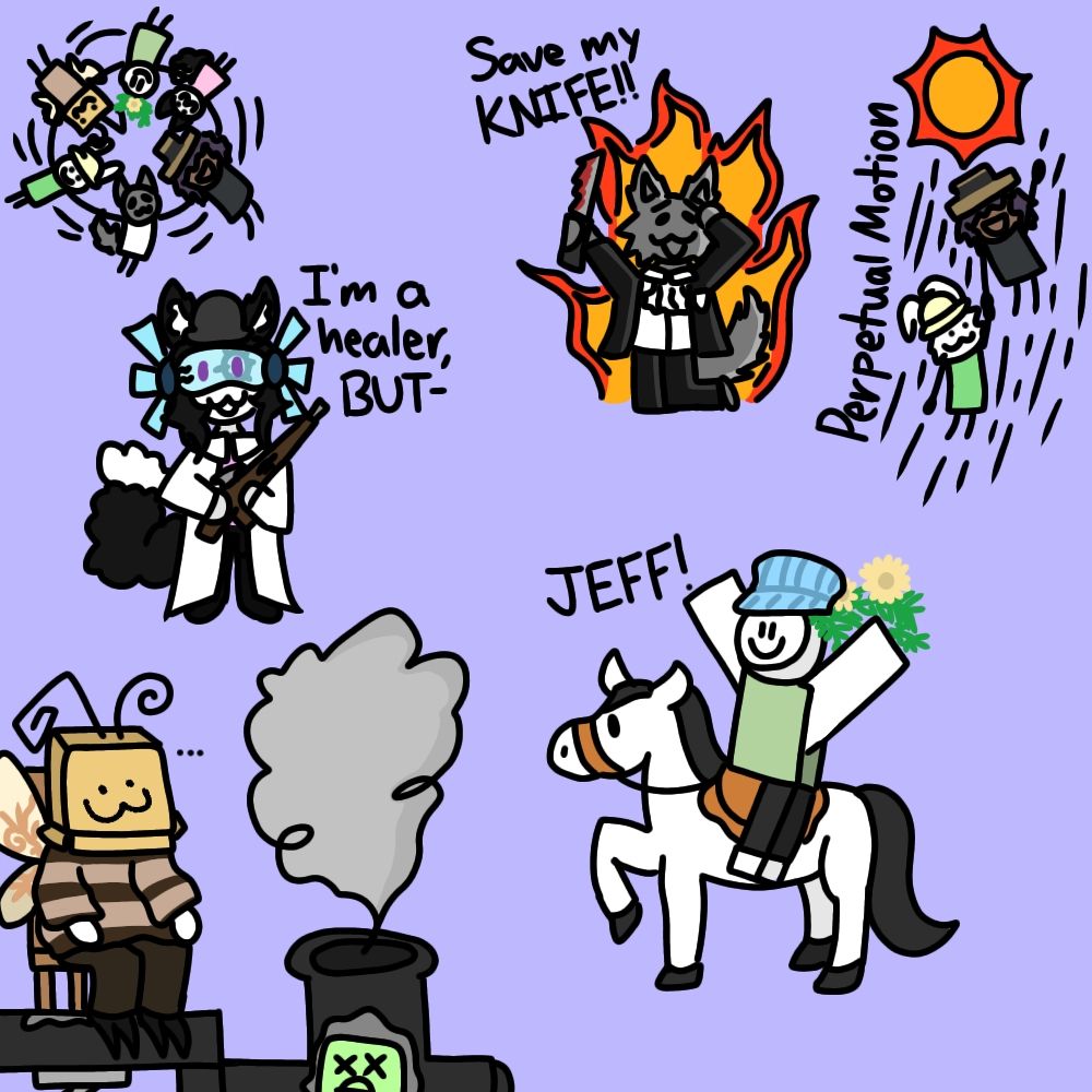 Drawings of multiple moments from playing Dead Rails with my friends. Everyone is represented with their Roblox avatars. "Perpetual Motion" was funny as hell, like, just by holding each other while ragdolled they ascended to the heavens lol