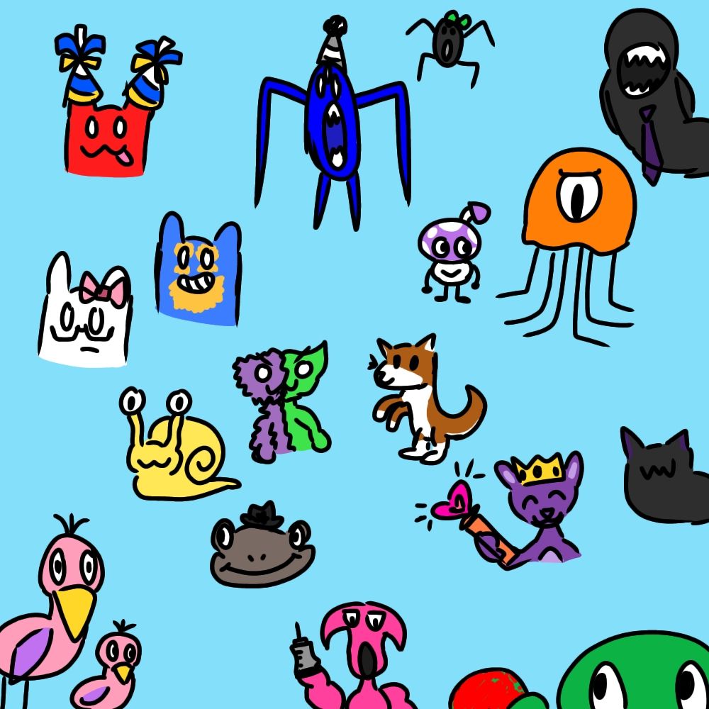 The many characters in Garten of BanBan (the ones I remembered lol). Drawn mostly from memory