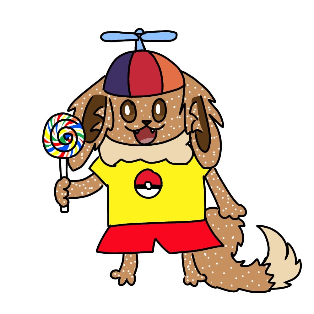 Pretzel the Eevee looking like just a little guy (holding a lollipop and wearing clothes).