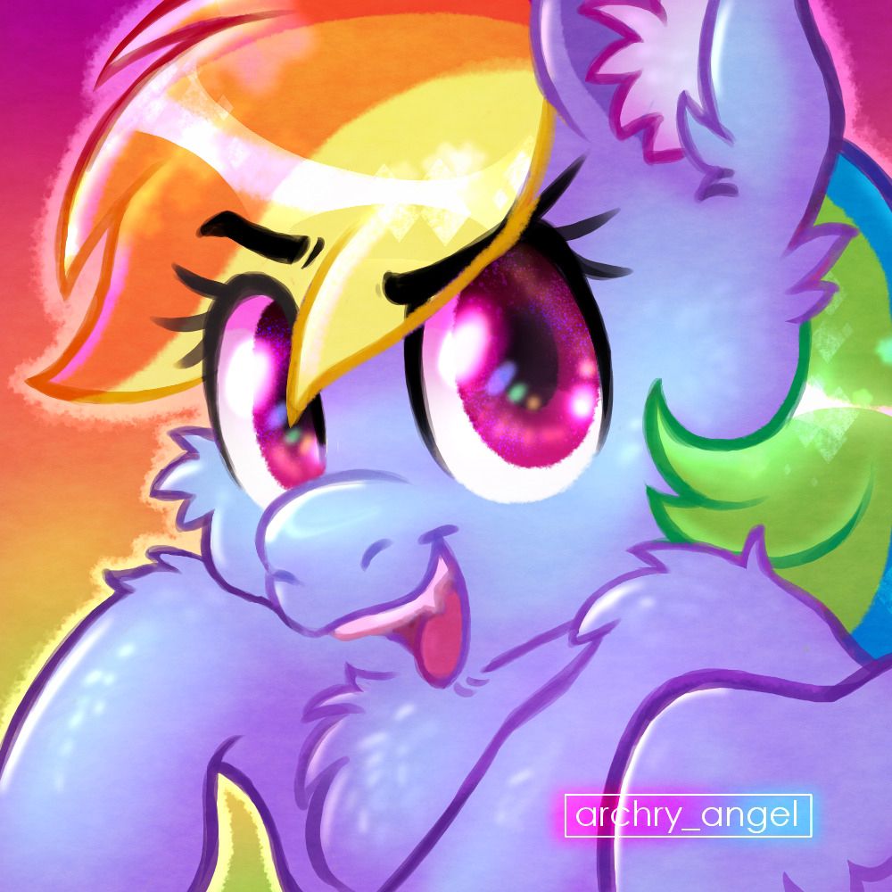 The same drawing, now rendered with shadows and highlights, looking quite sparkly. The black outlines have been colored and her eyes have a lot of shines. There is a subtle texture applied to the whole drawing and highlights on the fur are done so they show some individual strands of fur, implying a furry texture for the rest of her coat too. The flat background is now a rainbow.

The effect on the watermark mentioned in the post is that it has a neon gradient.