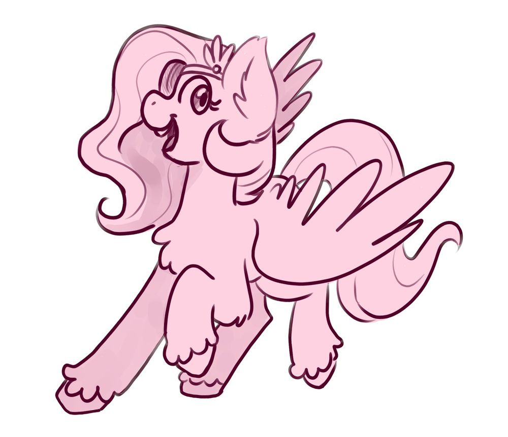 a colorless line drawing of Pipp Petals. she looks very cheerful as she struts