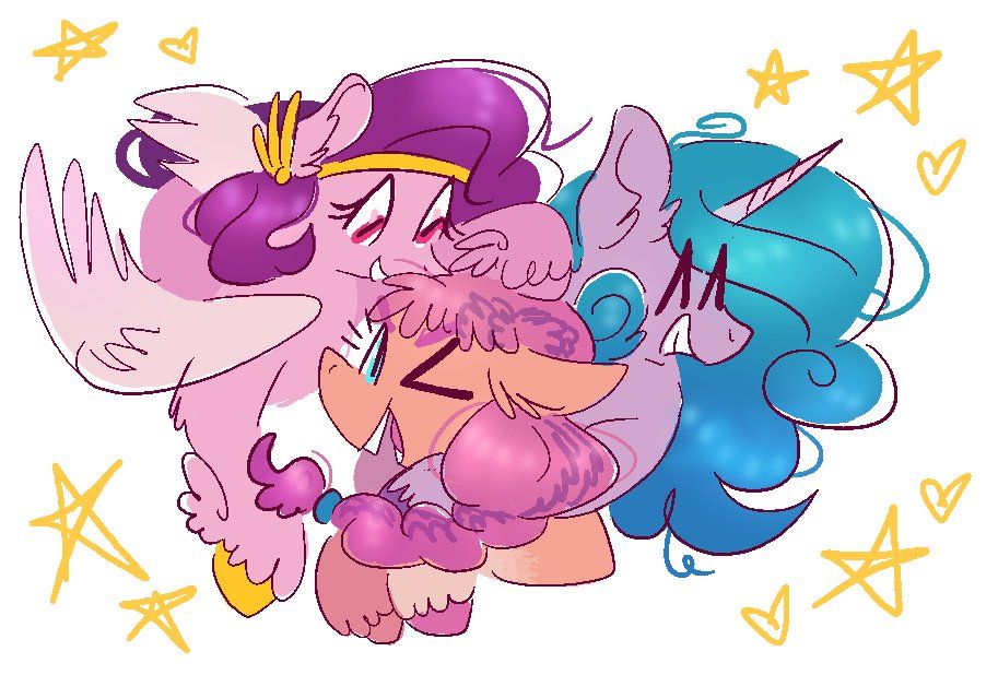 a cute drawing of Pipp, Sunny, and Izzy having a grouphug, all smiling. the lines are loose and the colors don't perfectly follow them. there are crudely drawn yellow stars and hearts drawn around them